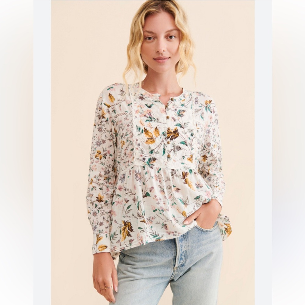 Anthropologie Floral Cotton lace babydoll blouse